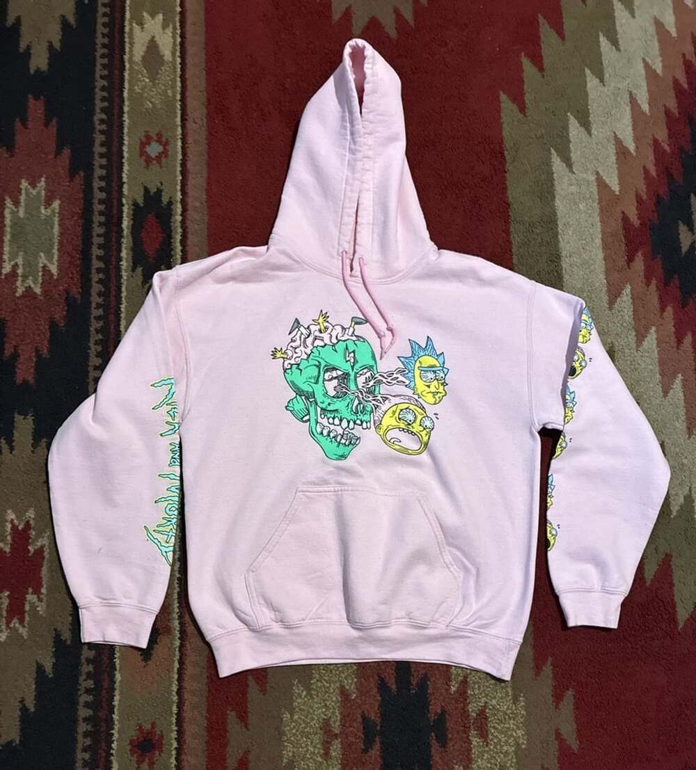 Rick and Morty Hoodie Size M Pink Skull Graphic Pullover Adult Swim